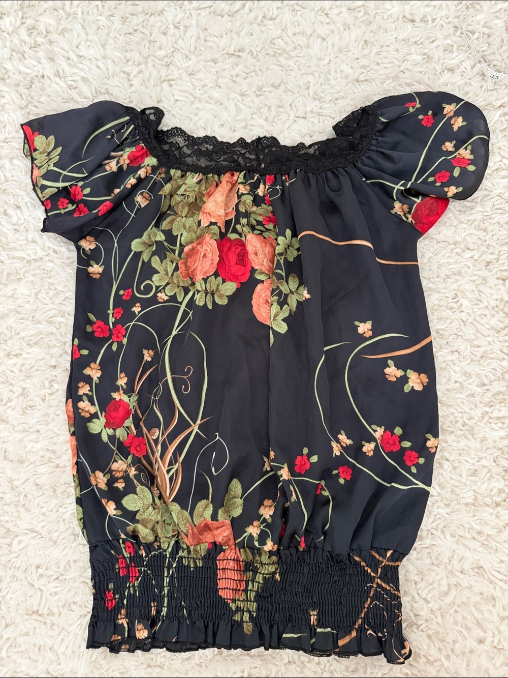 Black Floral Off-Shoulder Blouse with Lace Trim